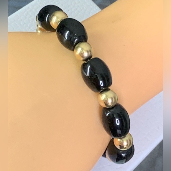 VINTAGE BLACK ONYX" 14K GOLD FILLED BALL BEADED BRACELET sz 7. 3/4” - Picture 3 of 10